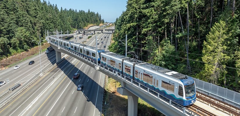 An important project to get the population out of their cars and onto public transportation was the expansion of the Link Light Rail project. As of August 2024, the westside line runs from Seatac to Lynnwood. (Skanska Inc)
